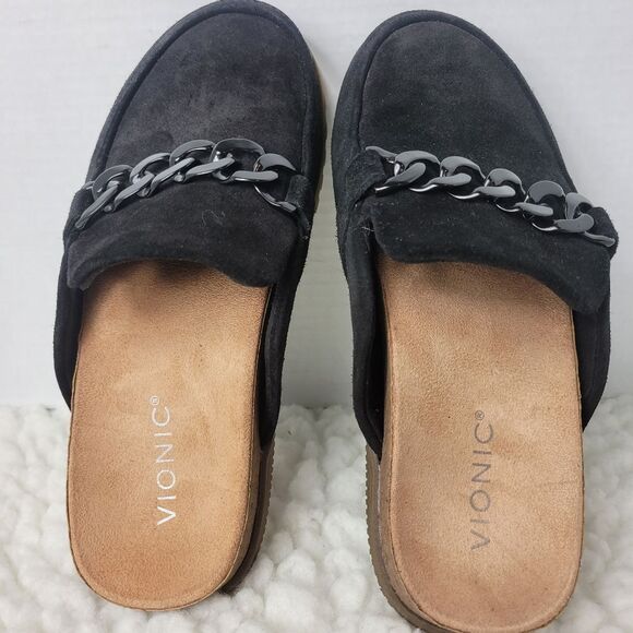 Vionic Georgie Women's Size 7.5 Slip On Mule Shoes Black Suede Accent Chain - Picture 8 of 10